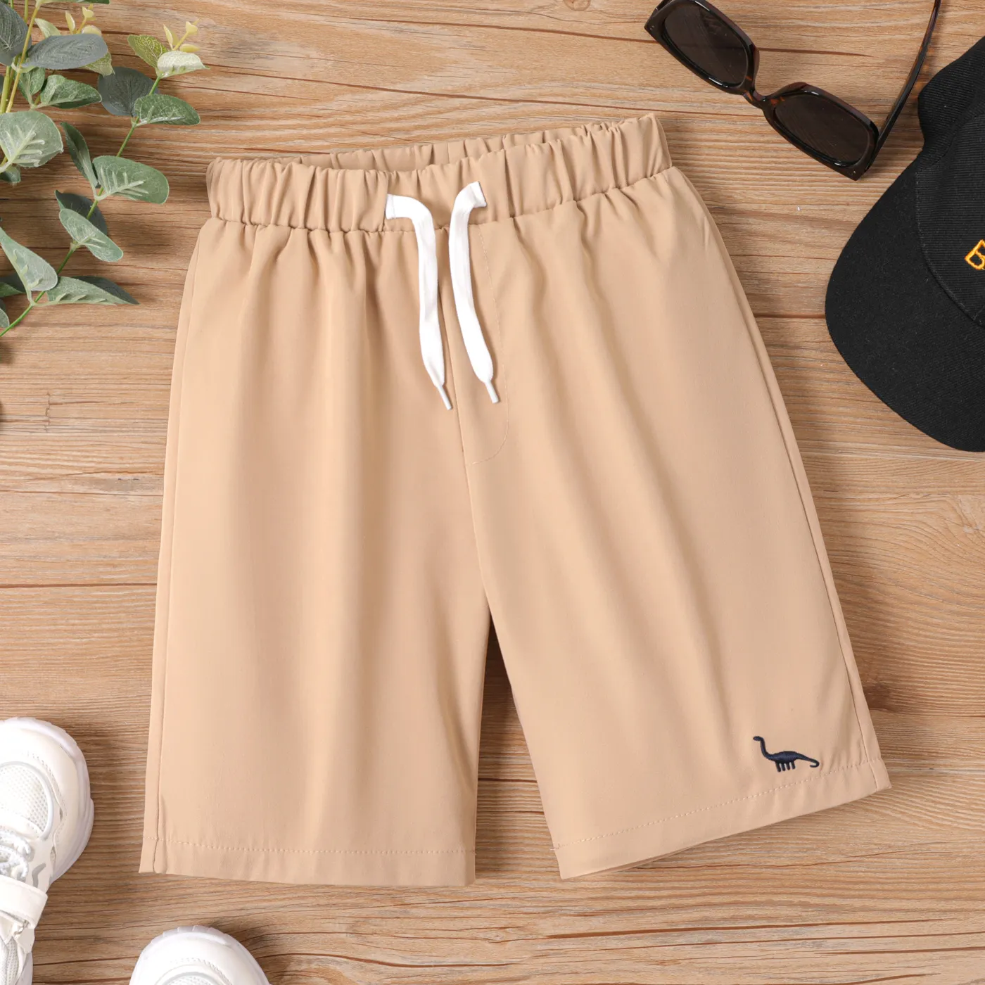 Kid Boy Dinosaur Embroidered Bermuda Shorts Khaki