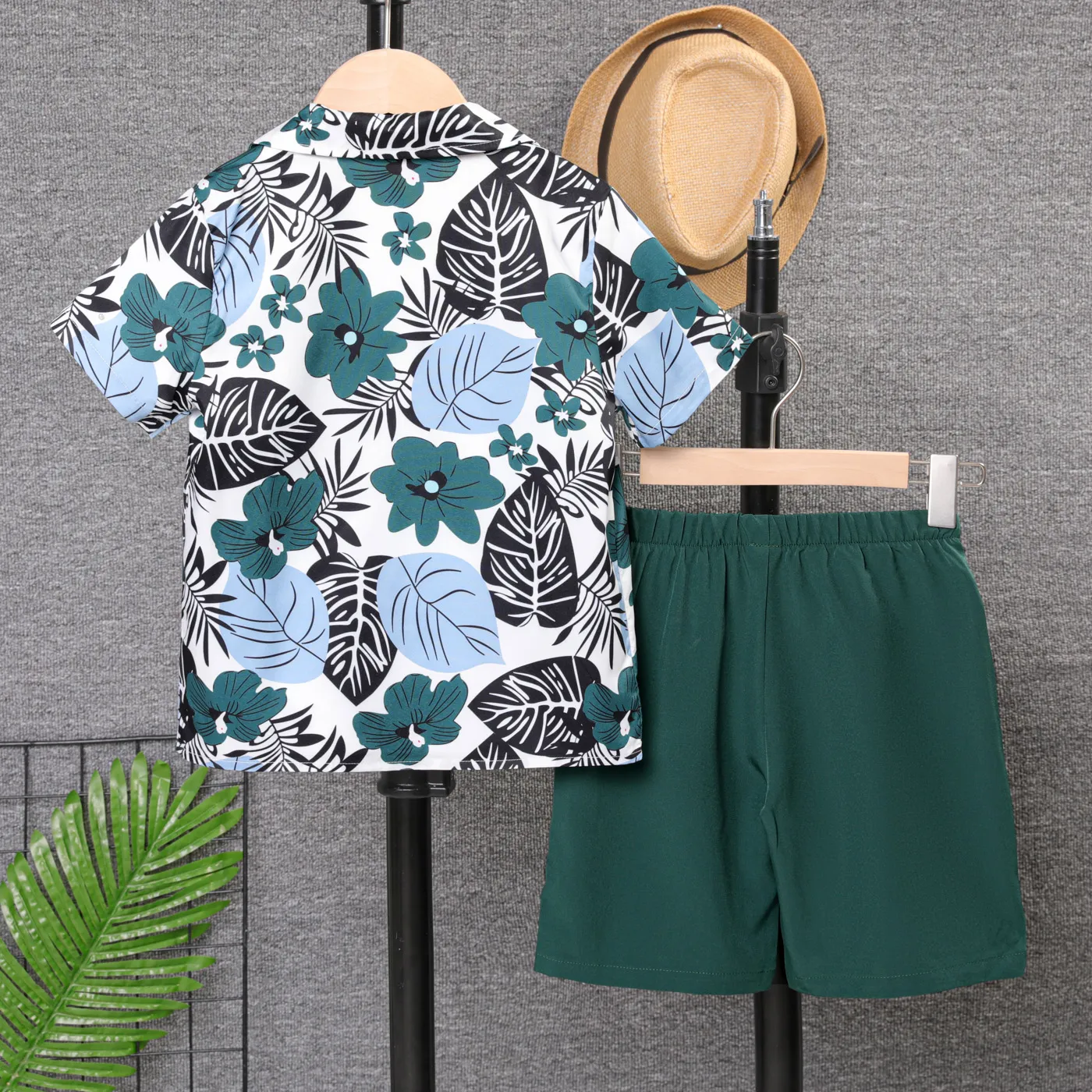 3pcs Kid Boy Tropical Plant Print Short-sleeve Shirt & Top & Solid Shorts Set Beige image 2