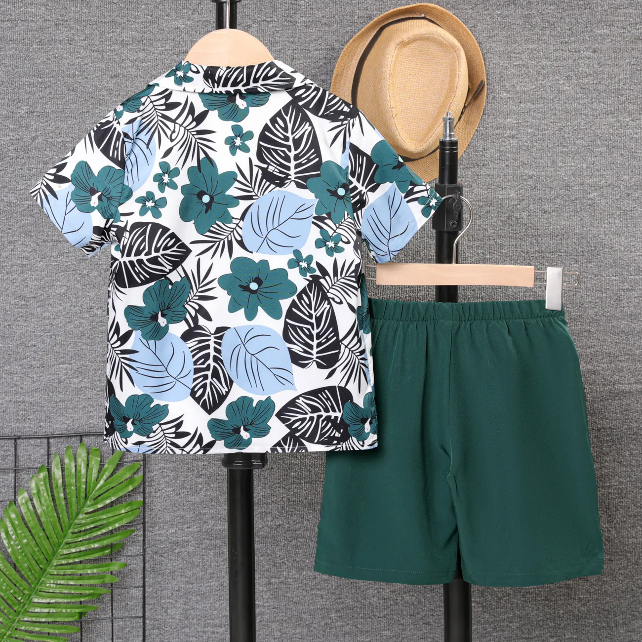 3pcs Kid Boy Tropical Plant Print Short-sleeve Shirt & Top & Solid Shorts Set Beige big image 1