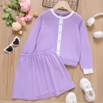 2pcs Kid Girl Waffle Button Decor Long-sleeve Top and Skirt Set  Light Purple