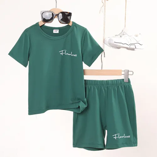 2pcs Kid Boy Letter Print Green Short-sleeve Tee and Shorts Set