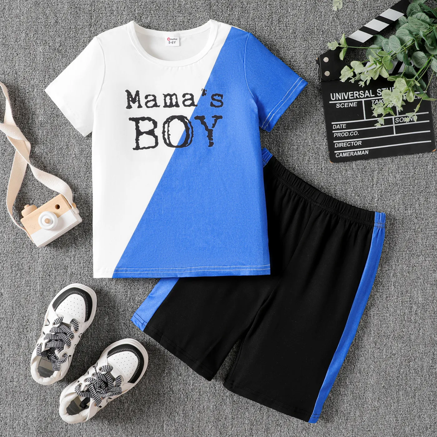 2pcs Kid Boy Letter Print Two Tone Tee and Shorts Set  big image 1