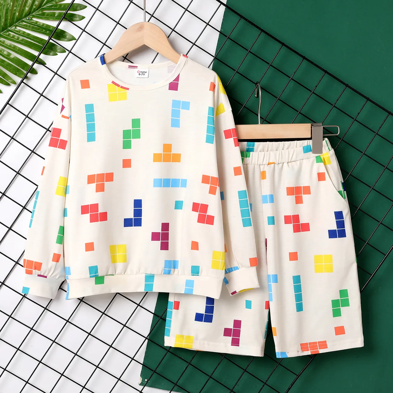 2pcs Kid Boy Tetris Print Long-sleeve Top and Shorts Set   big image 1