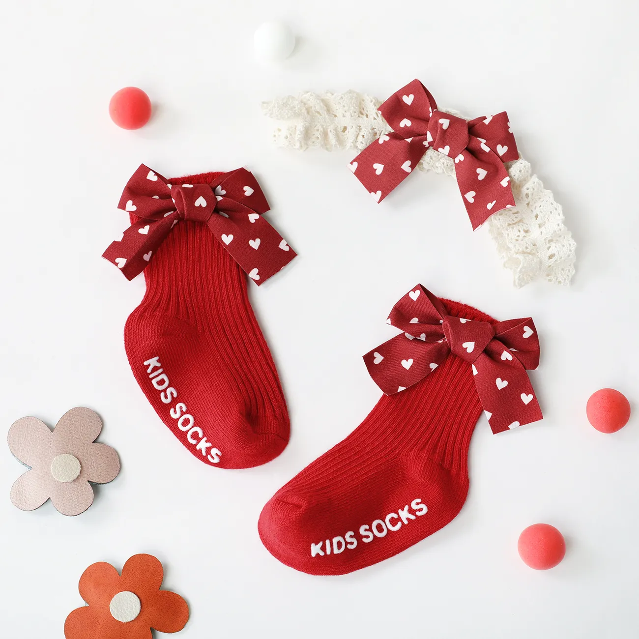 Baby Heart Print Bow Decor Socks and Headband Set  big image 1