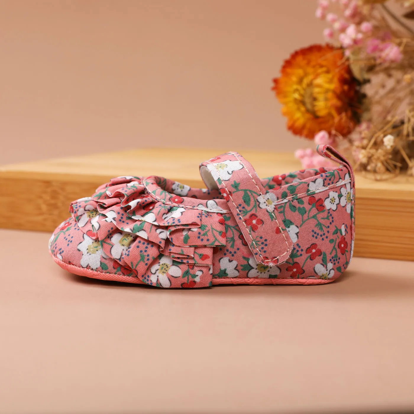 Baby Allover Floral Print Ruffle Velcro Prewalker Shoes Pink image 6