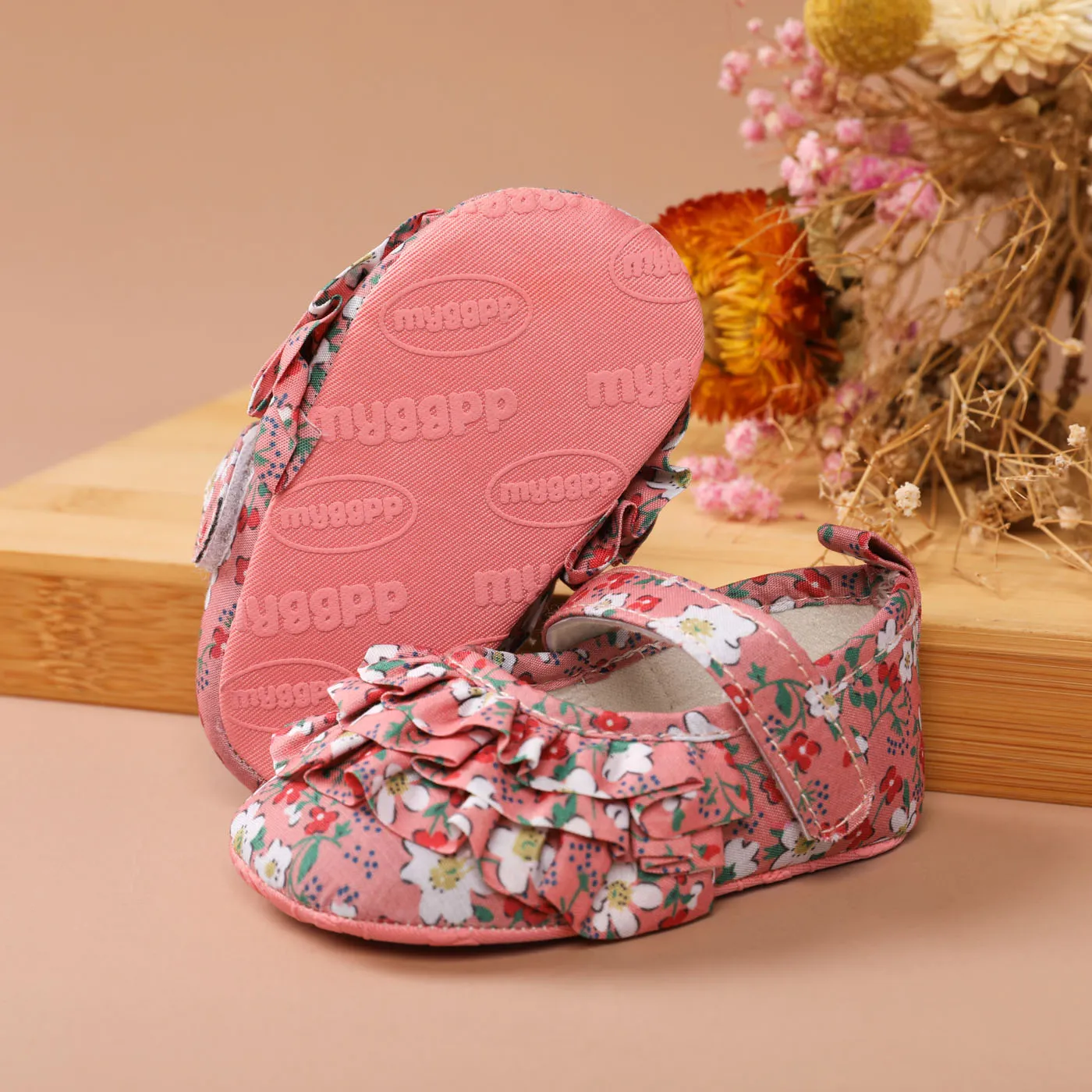 Baby Allover Floral Print Ruffle Velcro Prewalker Shoes Pink image 5
