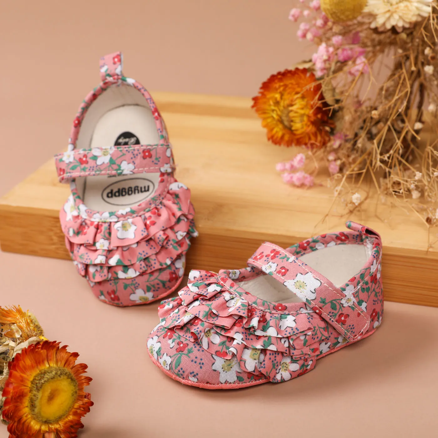 Baby Allover Floral Print Ruffle Velcro Prewalker Shoes Pink image 4