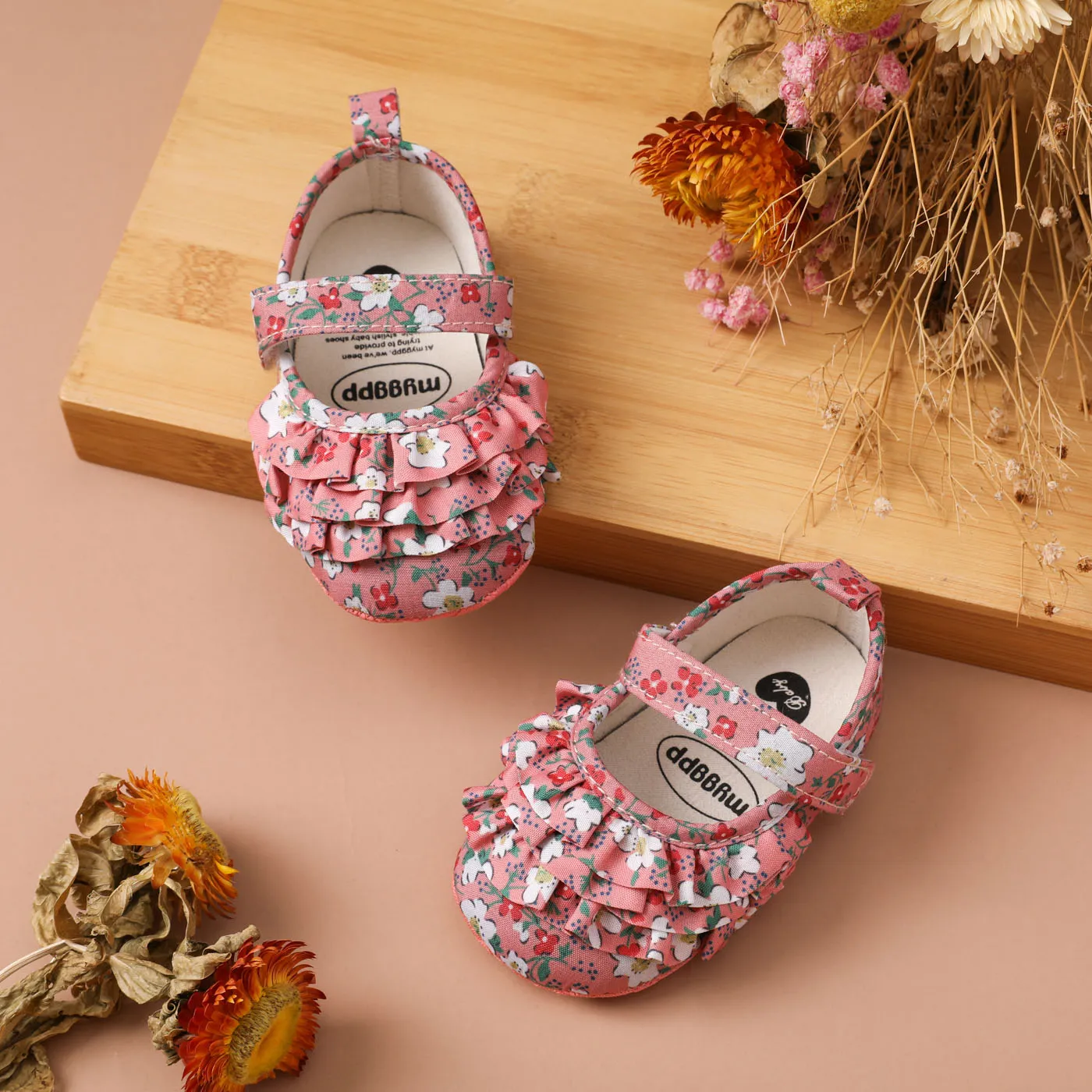 Baby Allover Floral Print Ruffle Velcro Prewalker Shoes Pink image 3