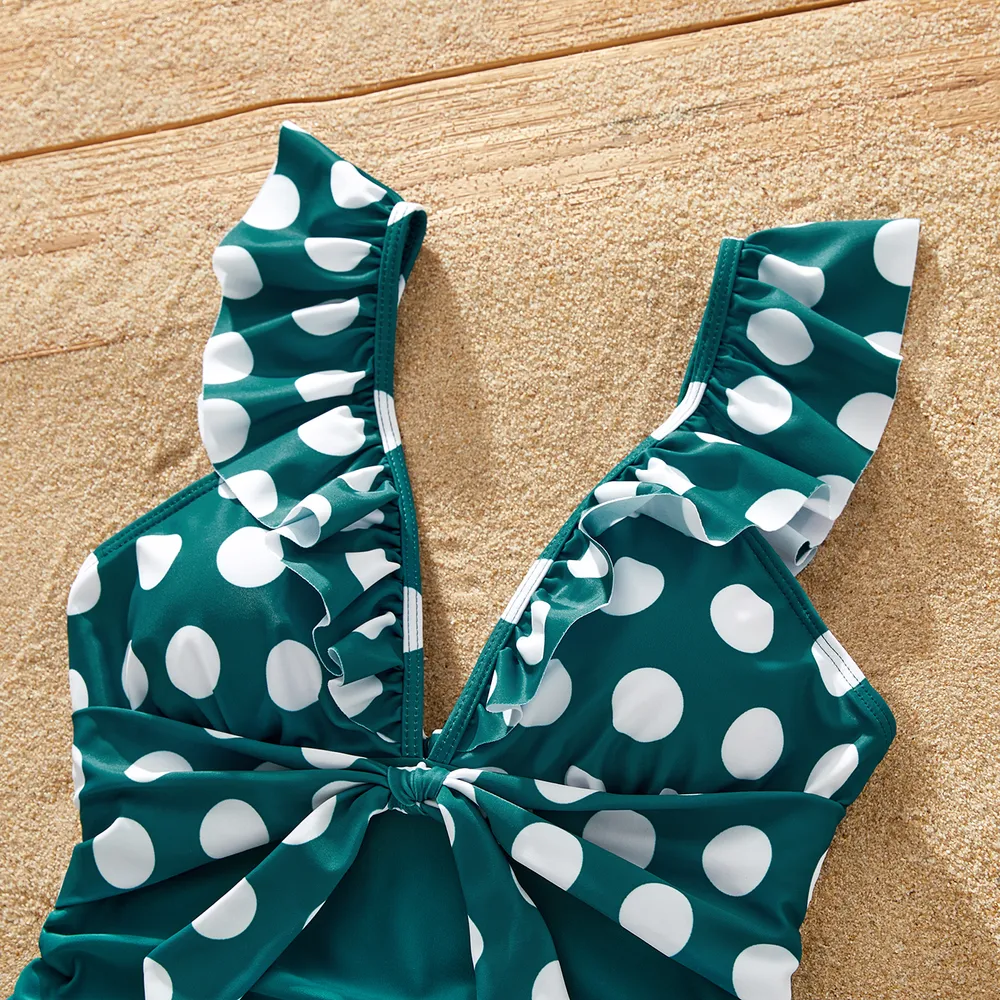 Family Matching Polka Dots Knot Front Ruffled One-piece Swimsuit or Stripe Swim Trunks Shorts big image 10