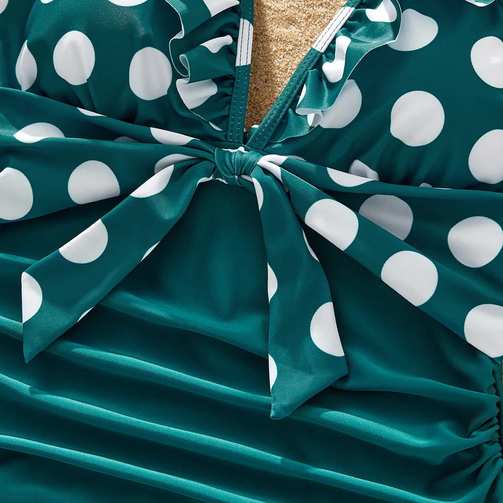 Family Matching Polka Dots Knot Front Ruffled One-piece Swimsuit or Stripe Swim Trunks Shorts big image 11