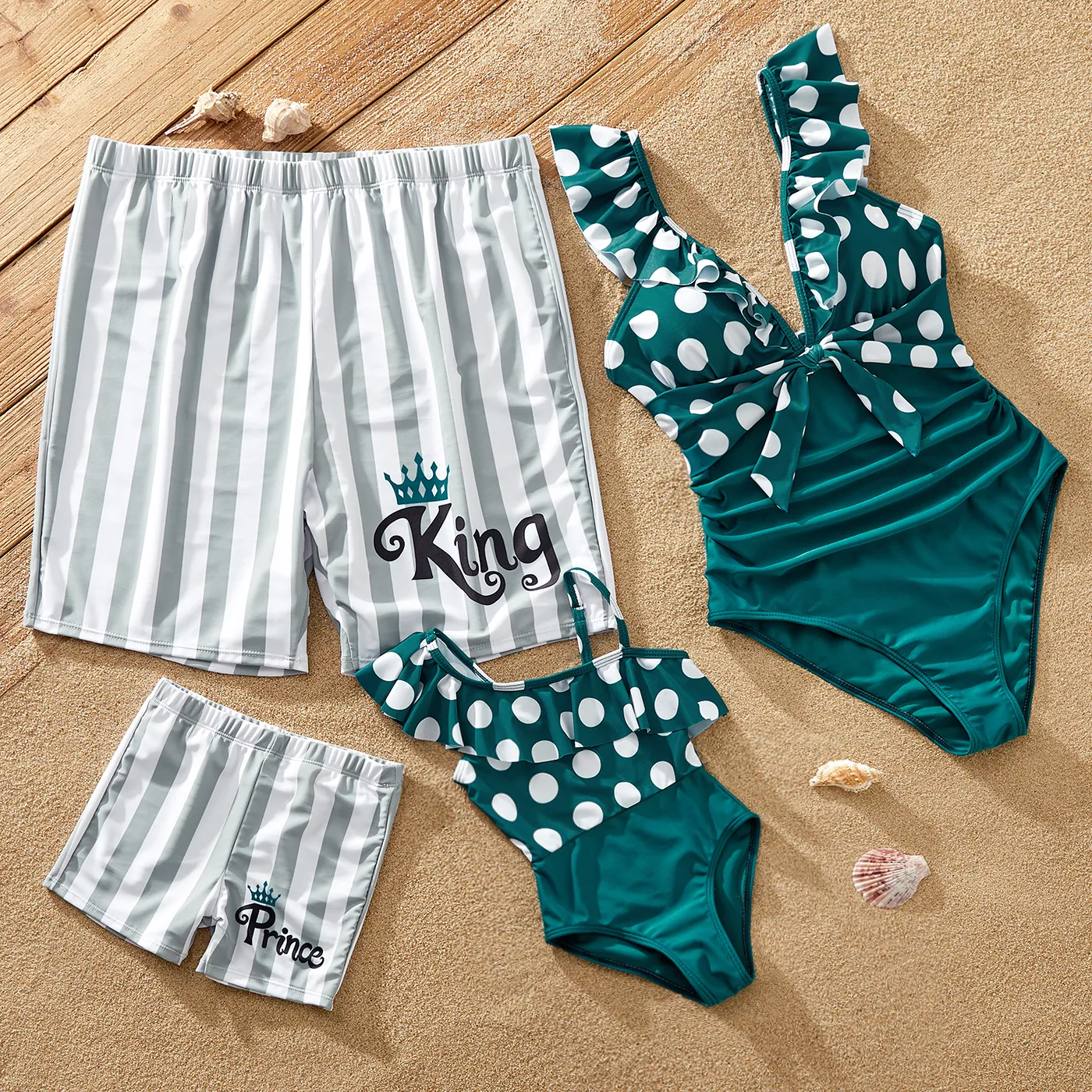 Family Matching Polka Dots Knot Front Ruffled One-piece Swimsuit or Stripe Swim Trunks Shorts