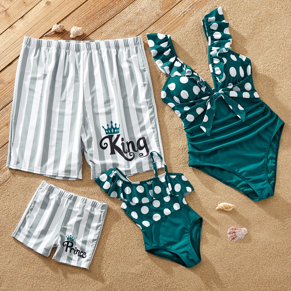 Family Matching Polka Dots Knot Front Ruffled One-piece Swimsuit or Stripe Swim Trunks Shorts  big image 2