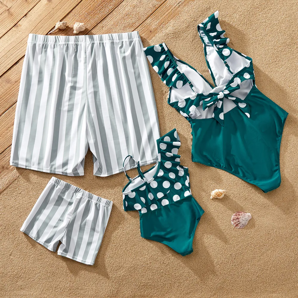Family Matching Polka Dots Knot Front Ruffled One-piece Swimsuit or Stripe Swim Trunks Shorts  big image 3