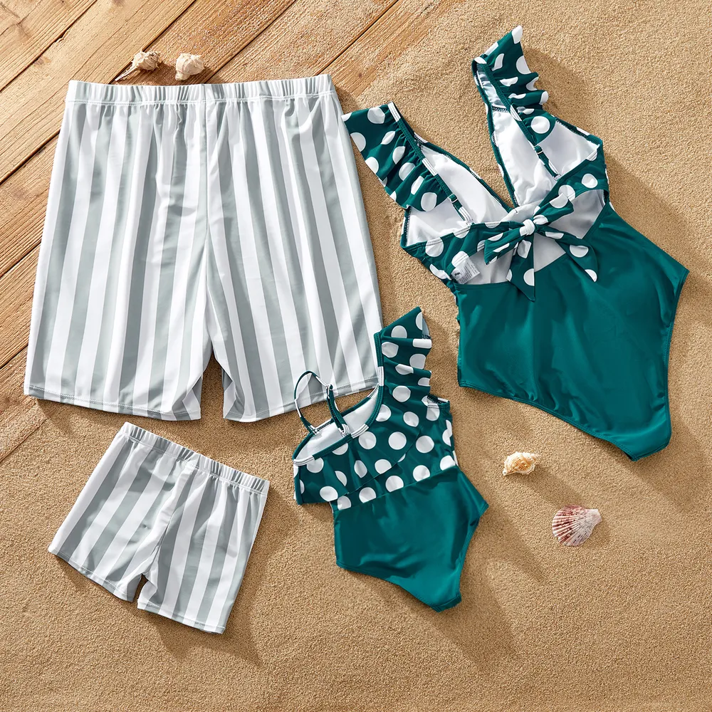 Family Matching Polka Dots Knot Front Ruffled One-piece Swimsuit or Stripe Swim Trunks Shorts big image 3