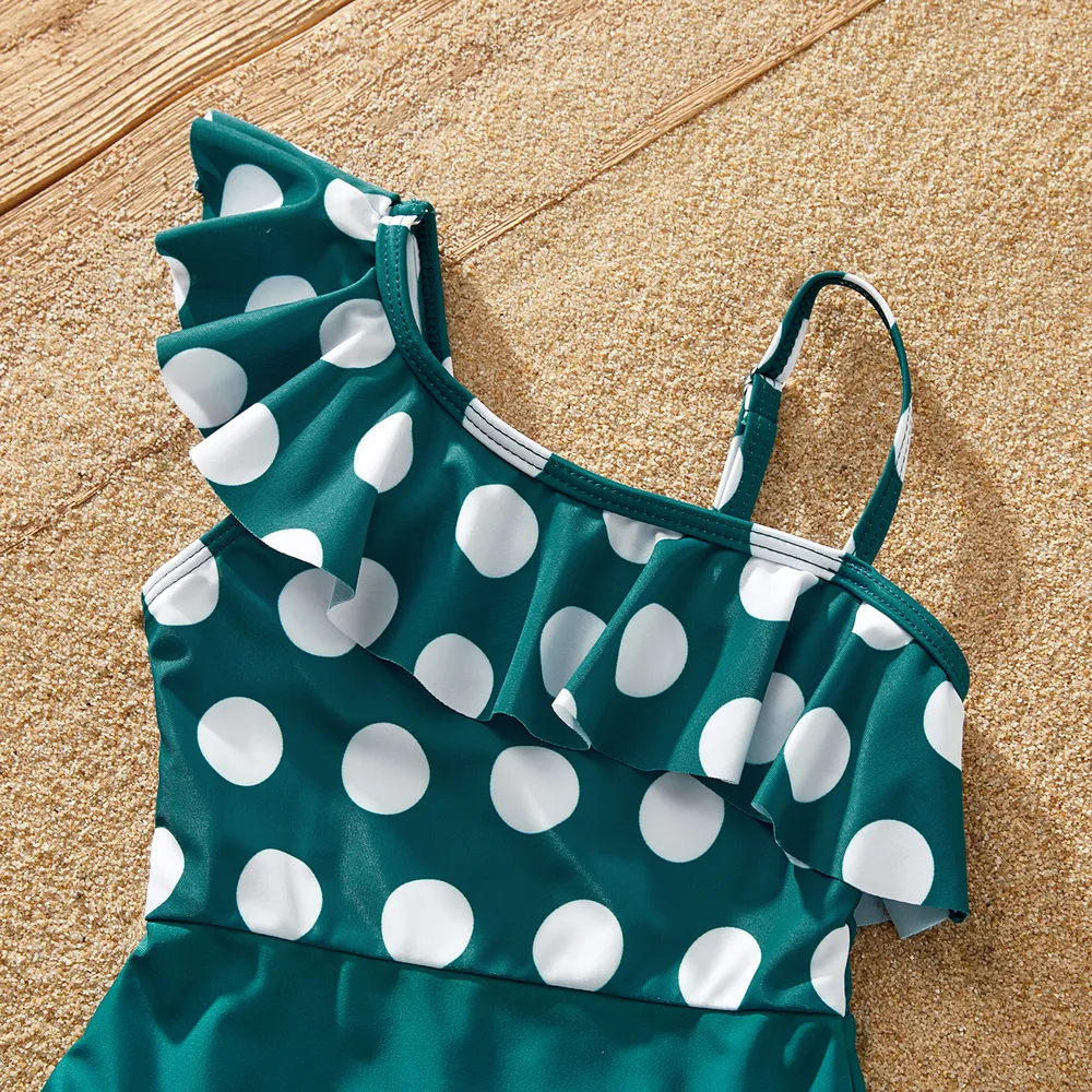 Family Matching Polka Dots Knot Front Ruffled One-piece Swimsuit or Stripe Swim Trunks Shorts big image 7