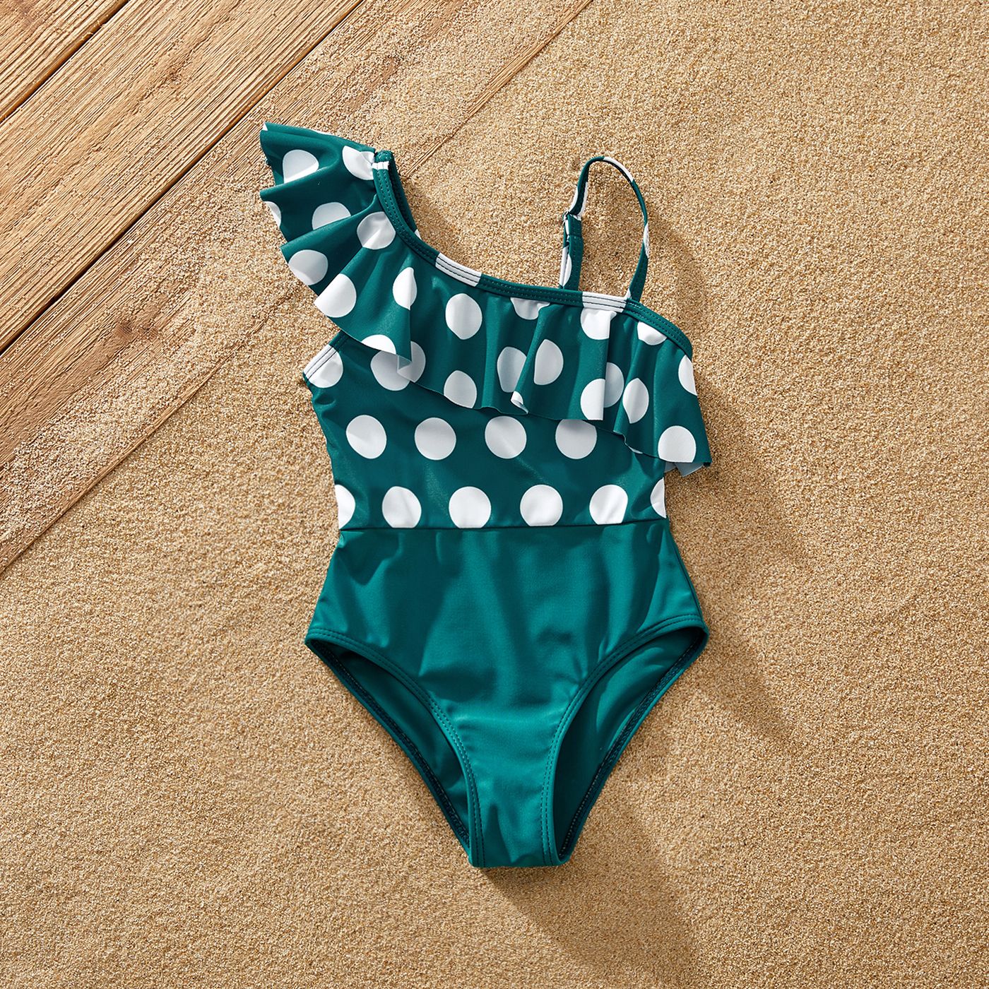 Family Matching Polka Dots Knot Front Ruffled One-piece Swimsuit or Stripe Swim Trunks Shorts