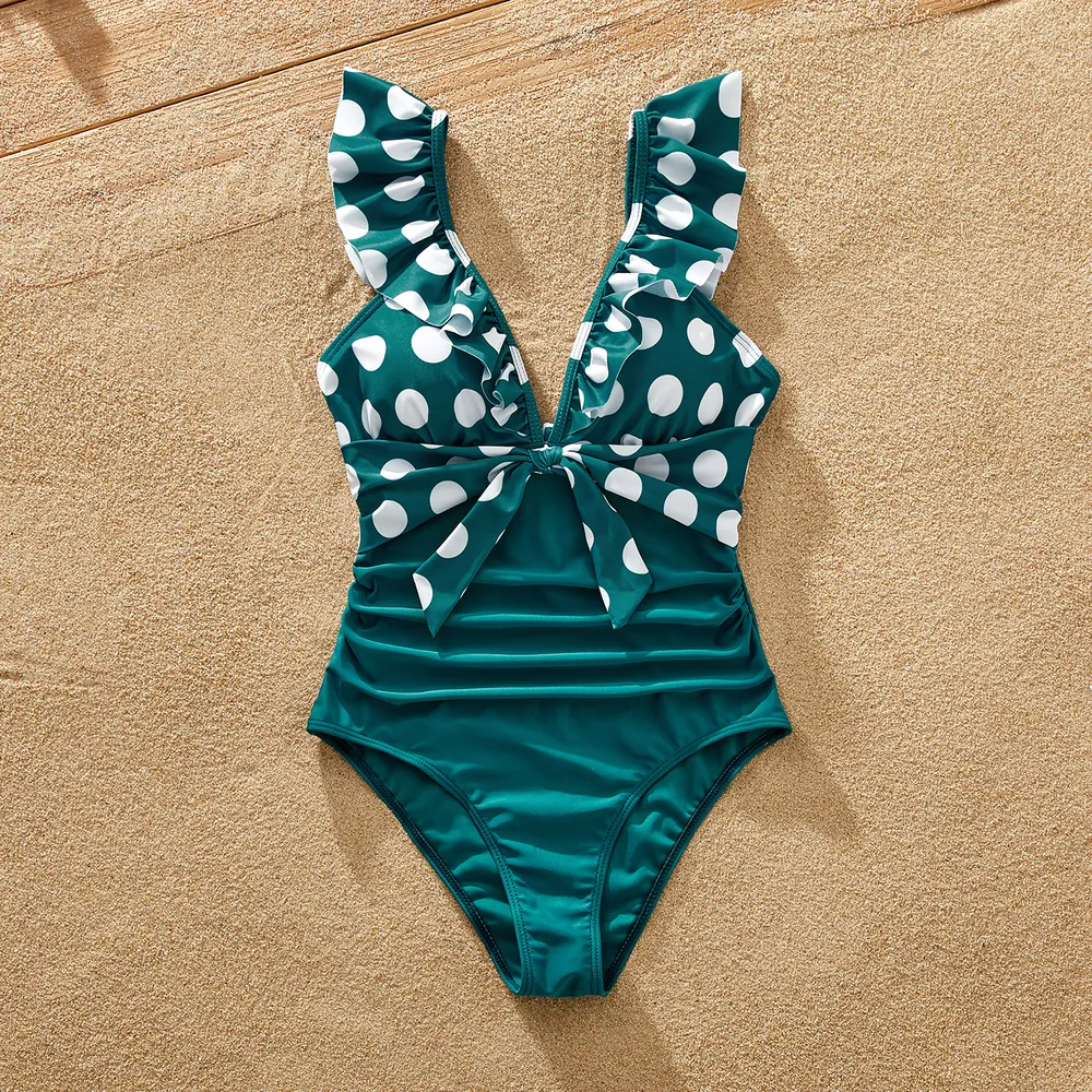 Family Matching Polka Dots Knot Front Ruffled One-piece Swimsuit or Stripe Swim Trunks Shorts  big image 9