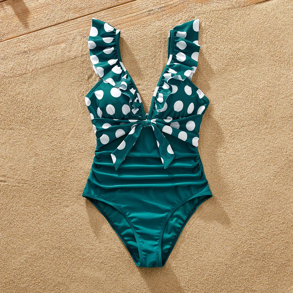 Family Matching Polka Dots Knot Front Ruffled One-piece Swimsuit or Stripe Swim Trunks Shorts big image 9