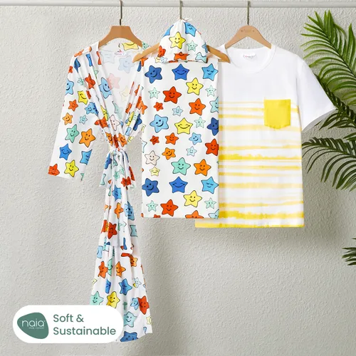 Family Matching Allover Colorful Stars Print Belted Robe and Swaddle Blanket or Cotton Short-sleeve Striped Tee Sets