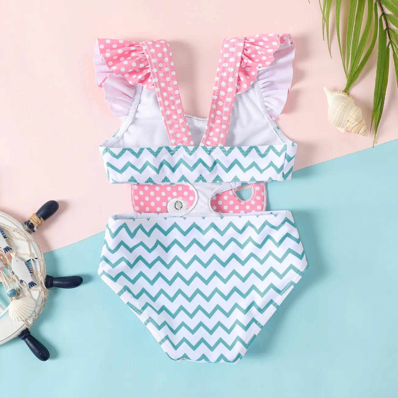 Baby Girl Whale Pattern Ruffle One-piece Swimsuit Color block big image 1