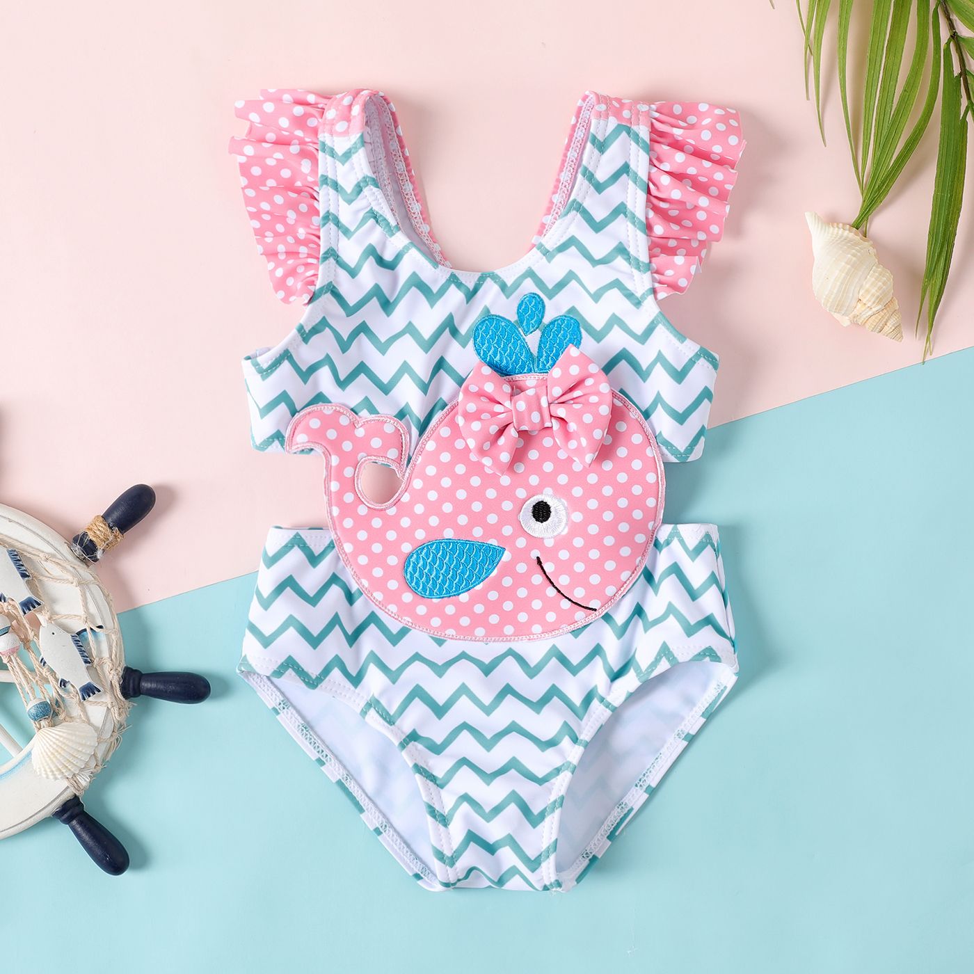 Baby Girl Whale Pattern Ruffle One-piece Swimsuit