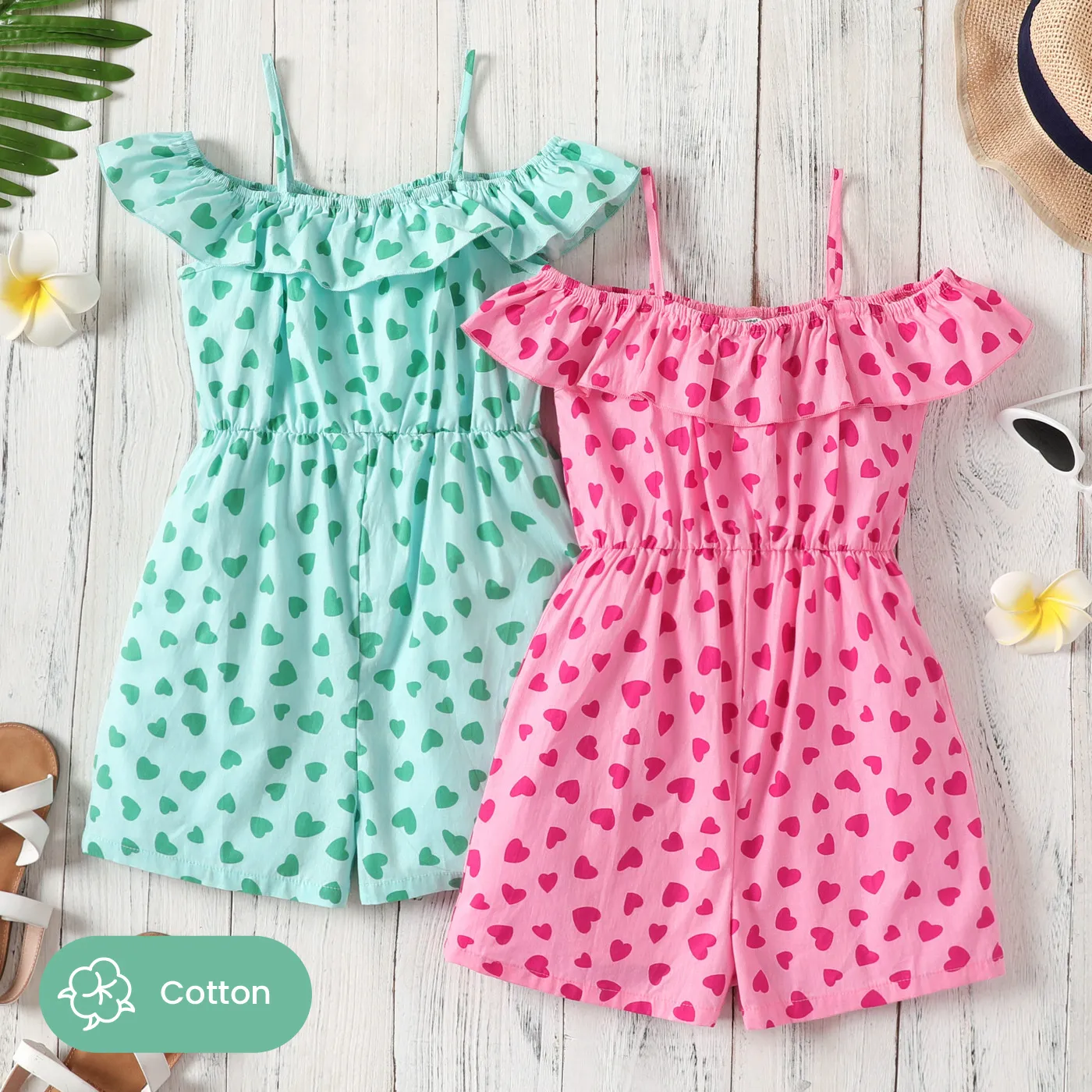 Kid Girl 100% Cotton Allover Hearts Print Ruffle Slip Jumpsuit Pink image 2