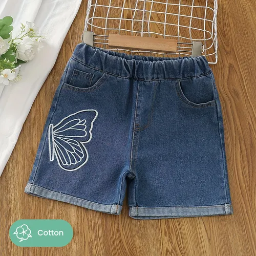 Kid Girl Butterfly Embroidery Pockets Denim Shorts