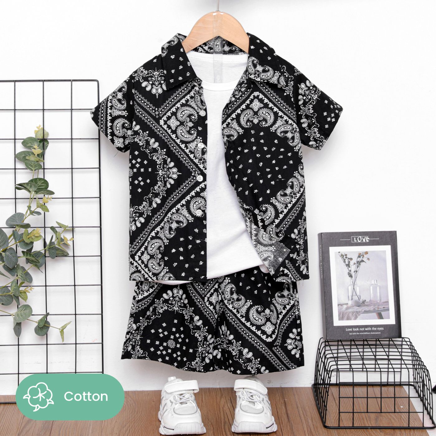 

2pcs Kid Boy 100% Cotton Boho Short-sleeve Shirt and Shorts Set