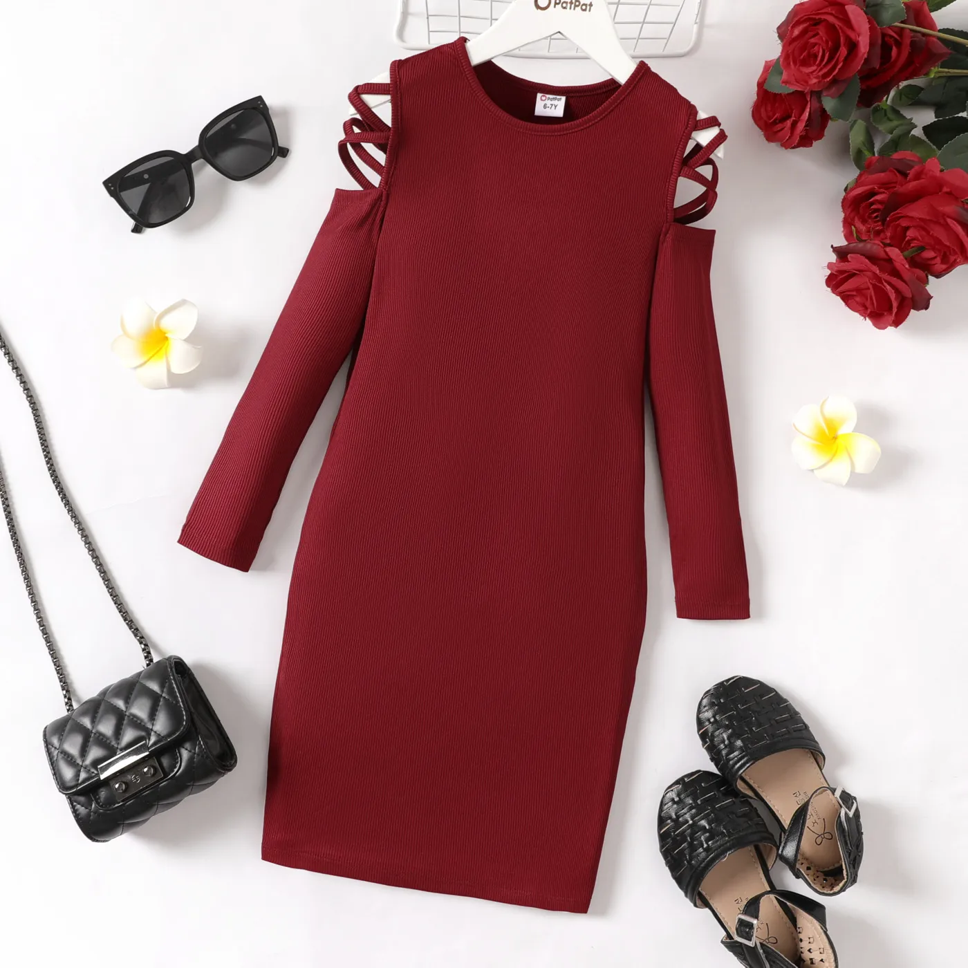 Kid Girl Hollow Out Long-sleeve Rib-knit Bodycon Dress  MAROON