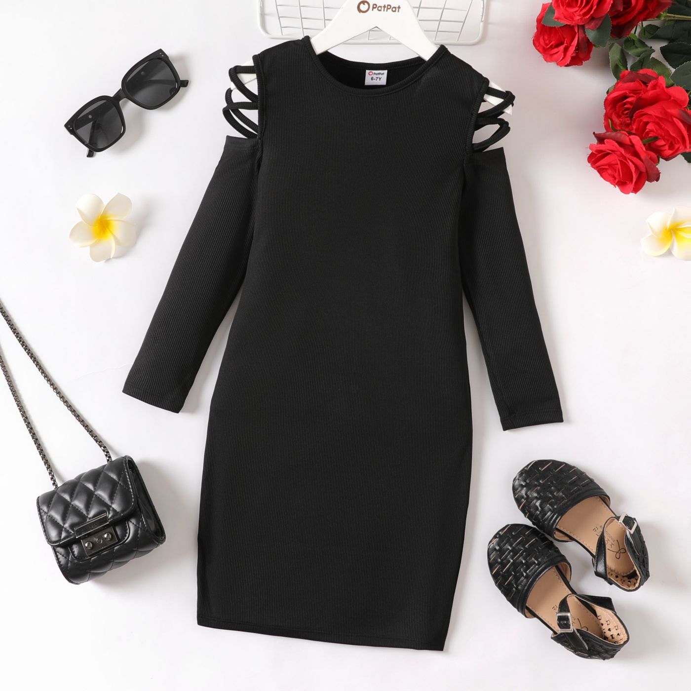 Kid Girl Hollow Out Long-sleeve Rib-knit Bodycon Dress