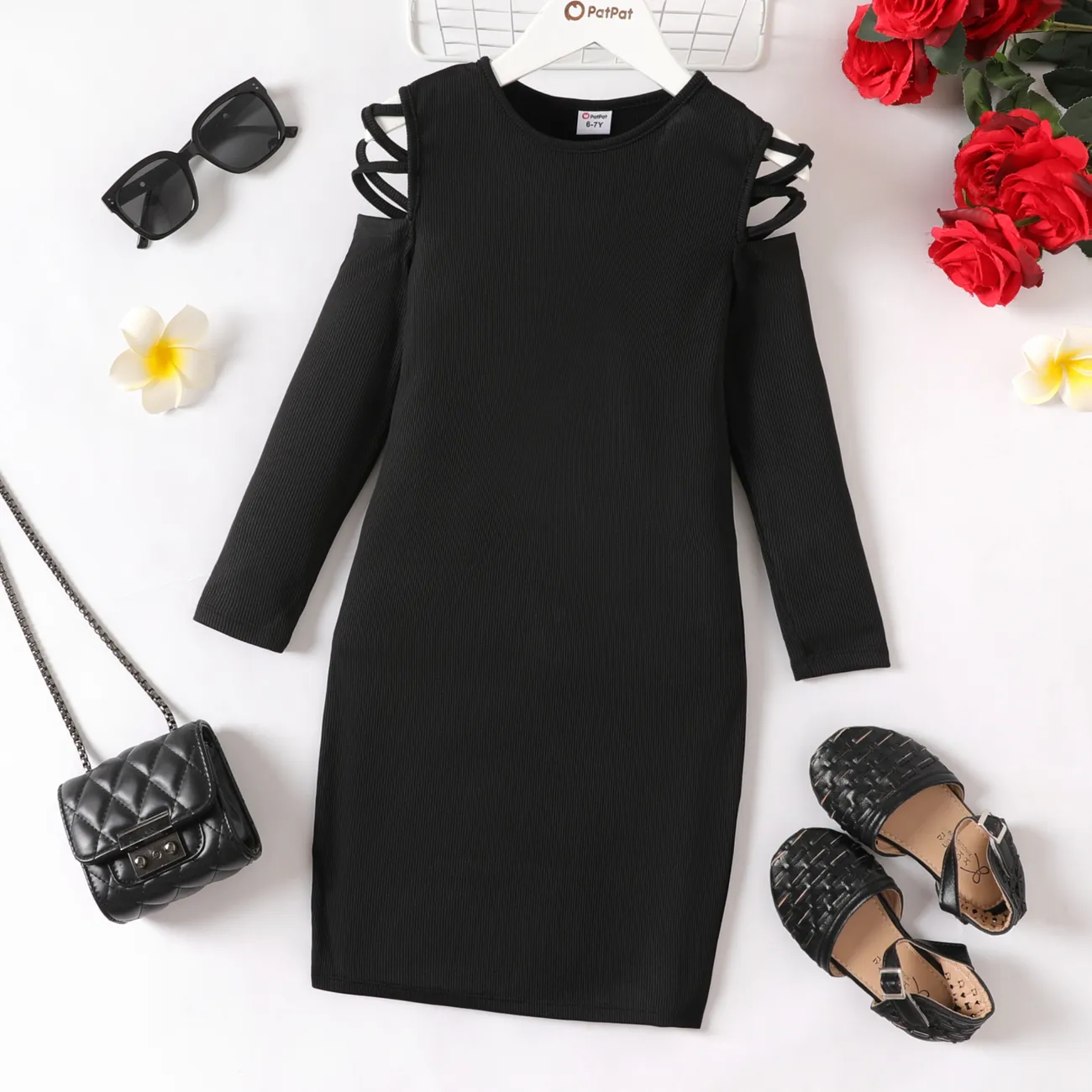 Kid Girl Hollow Out Long-sleeve Rib-knit Bodycon Dress Only د.ب