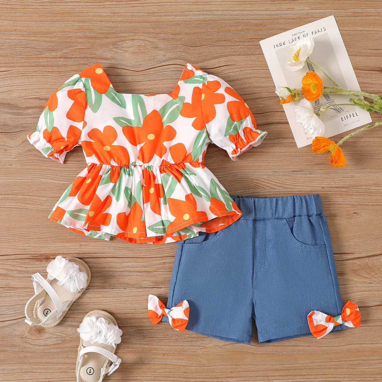 2pcs Baby Girl Allover Floral Letter Print Square Neck Top and Solid Shorts Set  Orange color big image 1