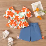 2pcs Baby Girl Allover Floral Letter Print Square Neck Top and Solid Shorts Set  Orange color image 2