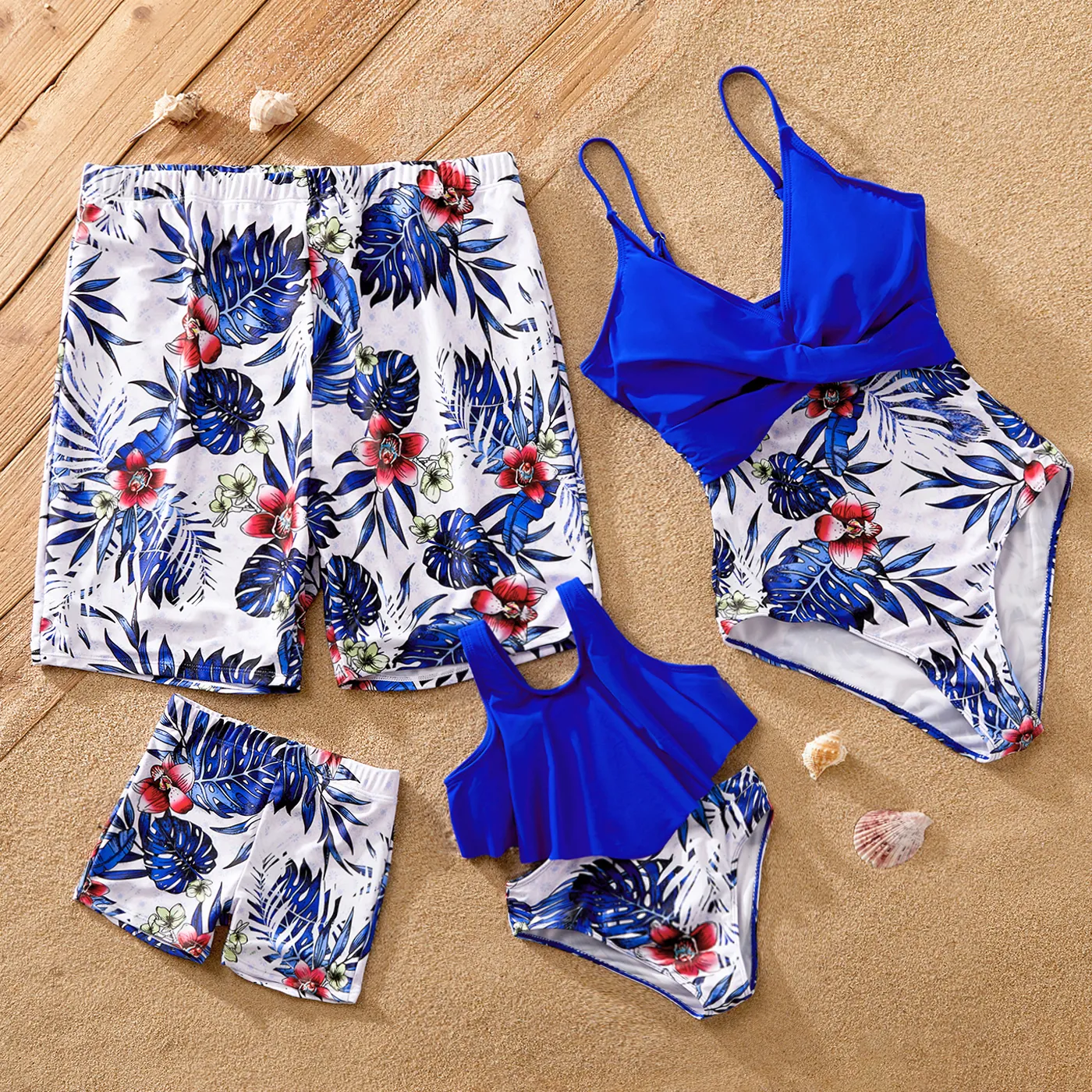 Family Matching Plant Floral Print Crisscross Front One-piece Swimsuit Or Swim Trunks Shorts