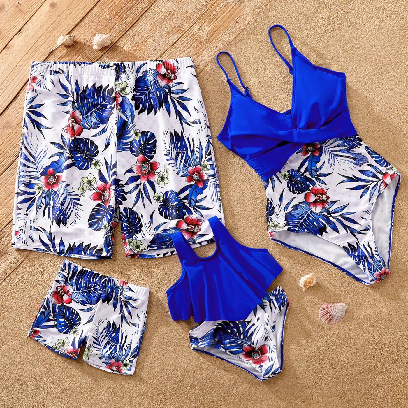 Family Matching Plant Floral Print Crisscross Front One-piece Swimsuit or Swim Trunks Shorts Blue image 2