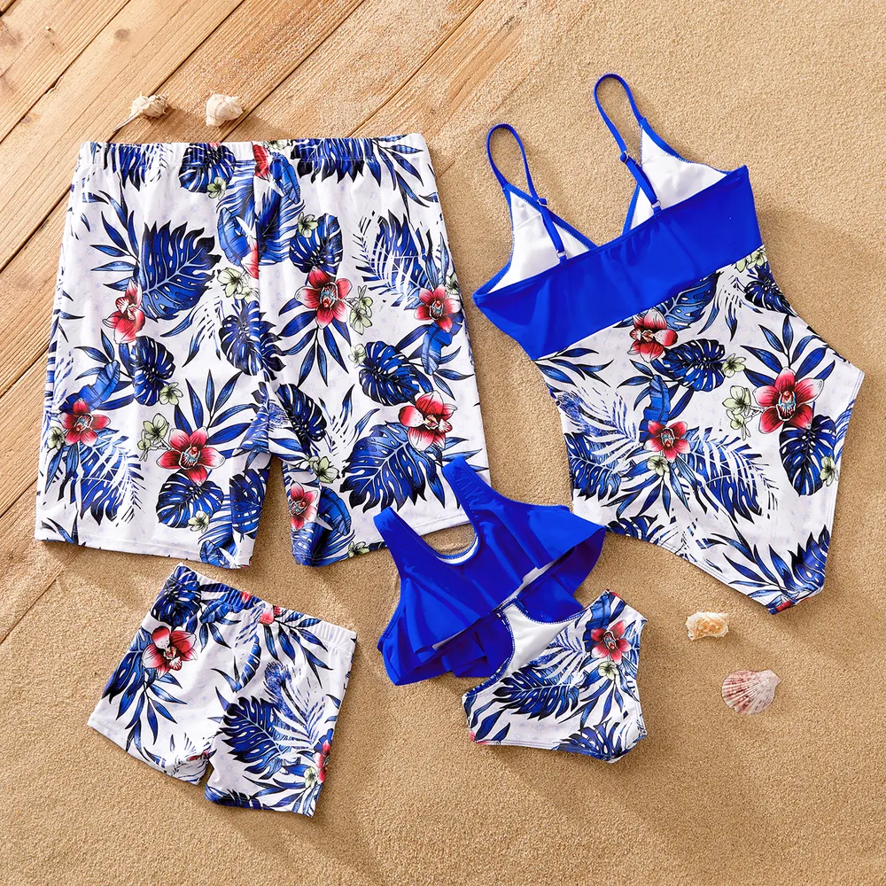 Family Matching Plant Floral Print Crisscross Front One-piece Swimsuit or Swim Trunks Shorts / Open Front Kimono  big image 3