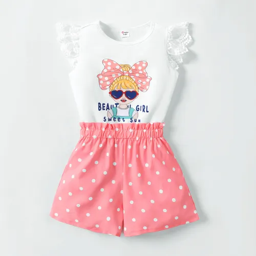 2pcs Kid Girl Letter Figure Print Lace Flutter-sleeve Tee and Polka Dots Print Shorts Set