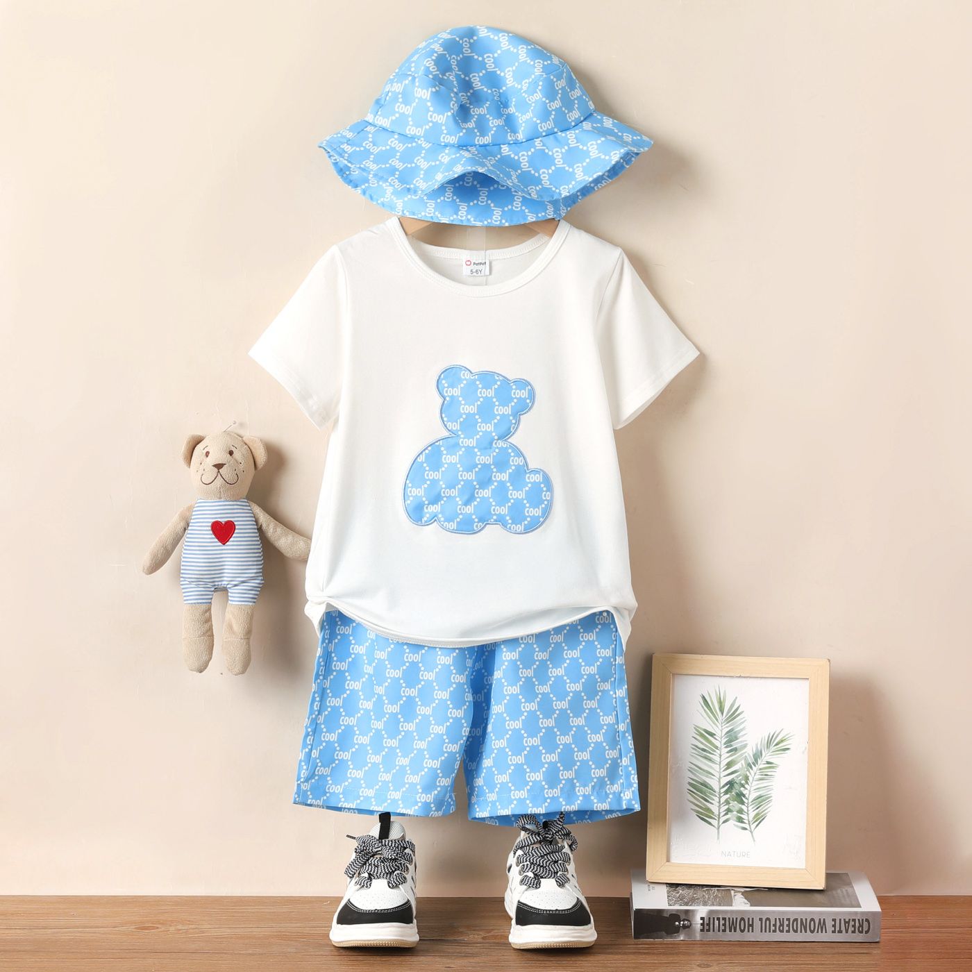 3pcs Kid Boy Cute Animal Bear Embroidered Short-sleeve Tee & Letter Print Shorts & Hat Set