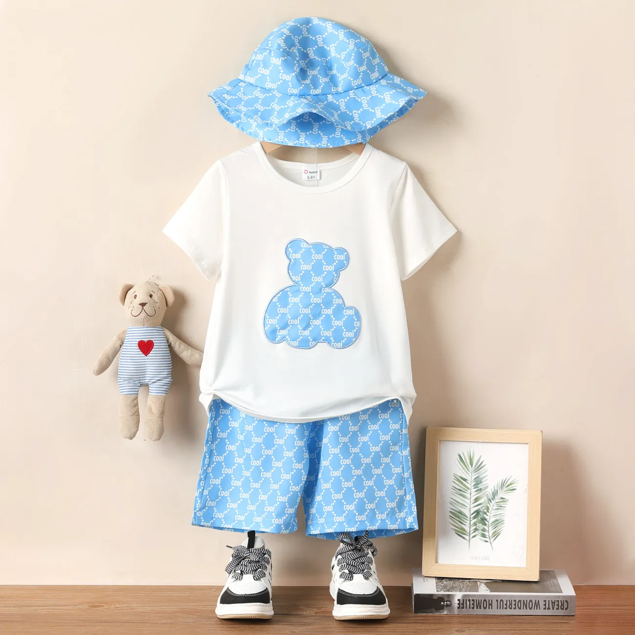 3pcs Kid Boy Cute Animal Bear Embroidered Short-sleeve Tee & Letter Print Shorts & Hat Set  big image 1