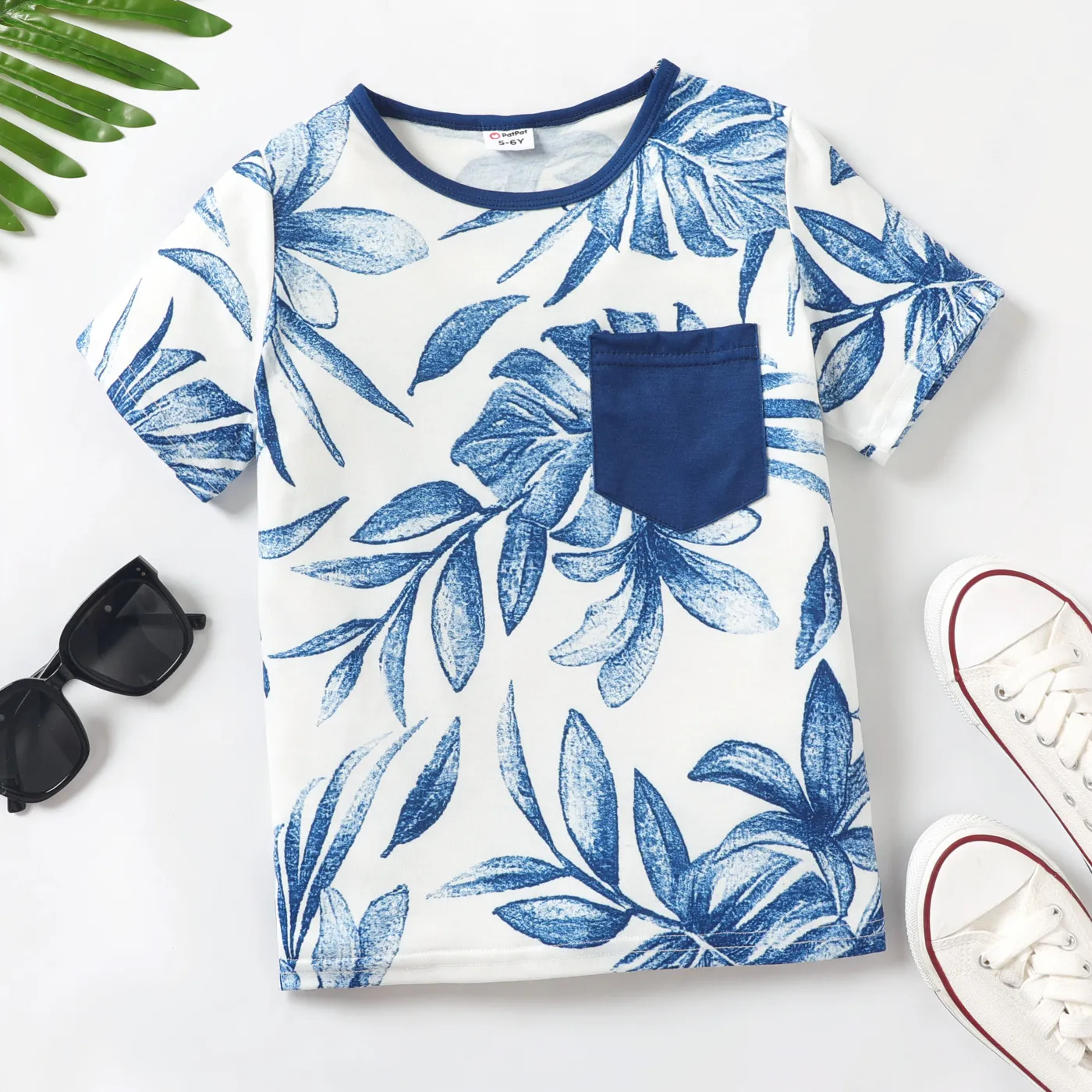 Kid Boy Allover Plant Print Patch Pocket Short-sleeve Tee Light Blue