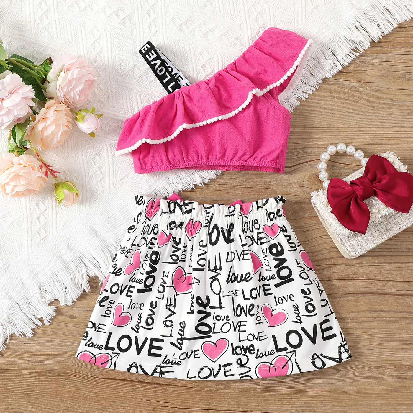 2pcs Baby Girl 100% Cotton Ruffled One-Shoulder Cami Top and Bow Front Letter Heart Print Skirt Set  Roseo image 2