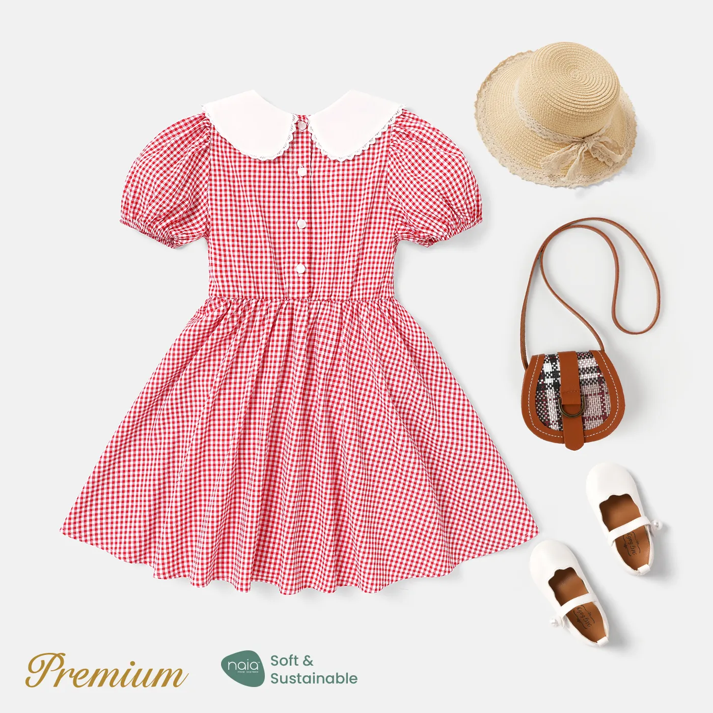Kid Girl Strawberry Embroidered Doll Collar Short-sleeve Plaid Dress  image 4