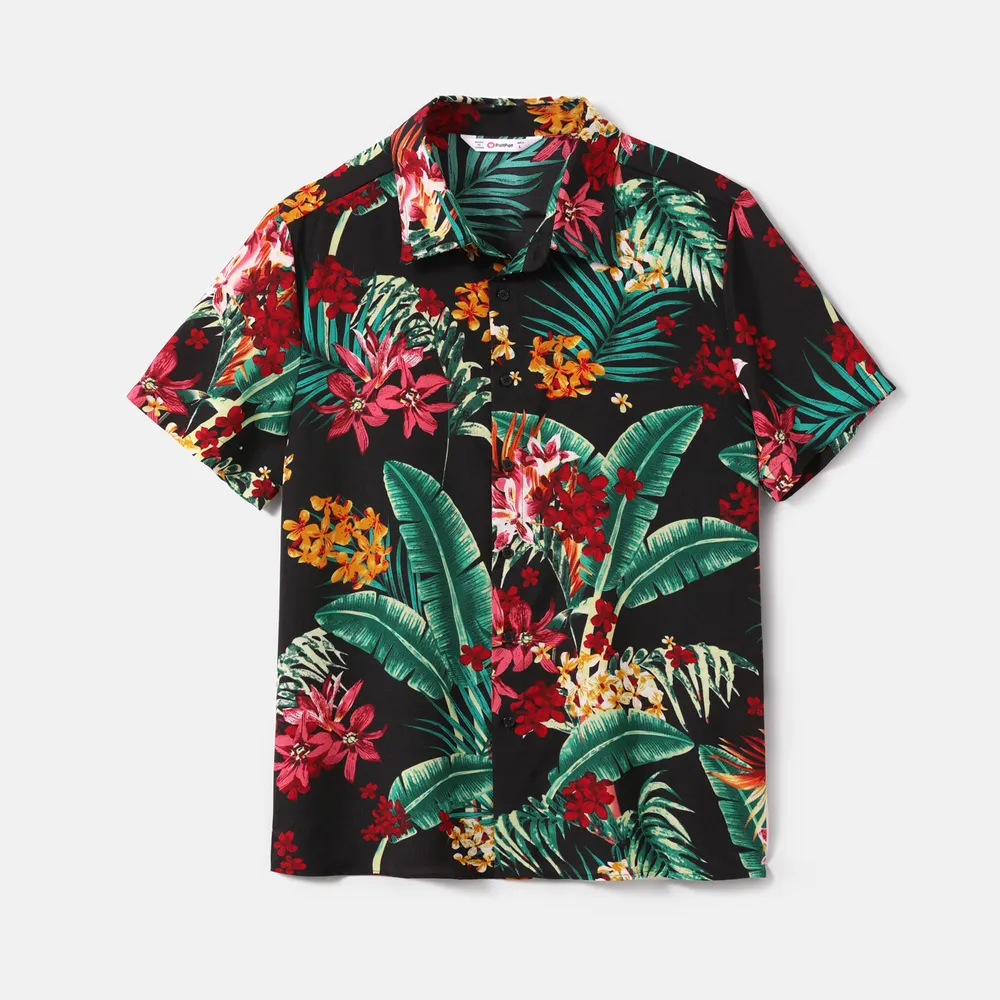 Family Matching Allover Plant Floral Print Halterneck Dresses and Short-sleeve Shirts Sets big image 17
