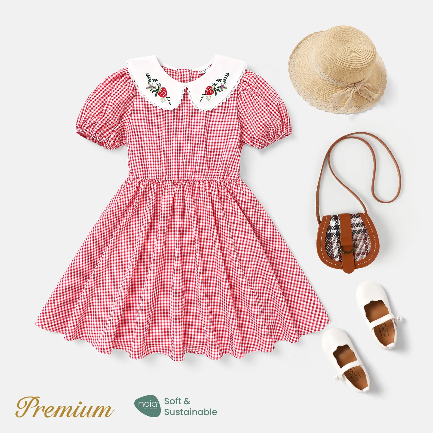 Kid Girl Strawberry Embroidered Doll Collar Short-sleeve Plaid Dress  big image 1