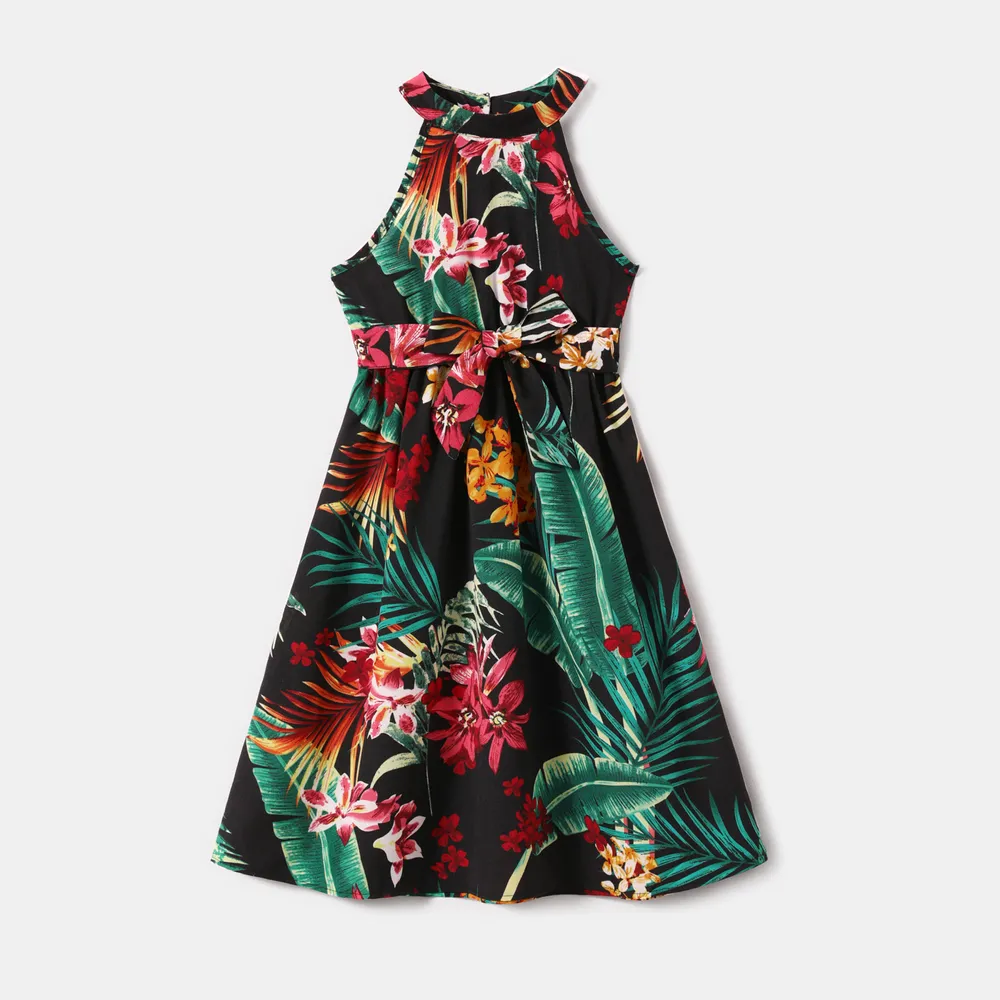 Family Matching Allover Plant Floral Print Halterneck Dresses and Short-sleeve Shirts Sets big image 10