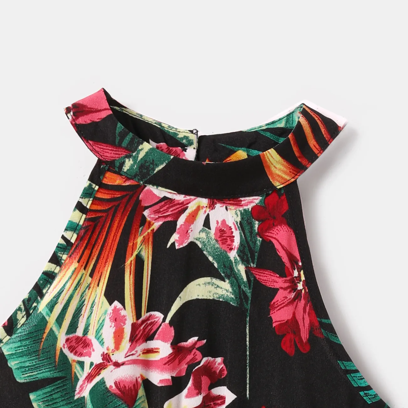 Family Matching Allover Plant Floral Print Halterneck Dresses and Short-sleeve Shirts Sets Black big image 1