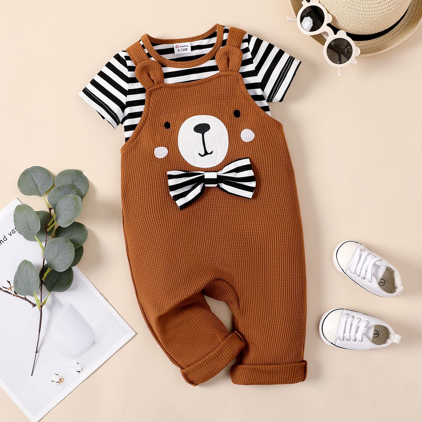 

2pcs Baby Boy Stripe Short-sleeve Tee and Waffle Slip Jumpsuit Set