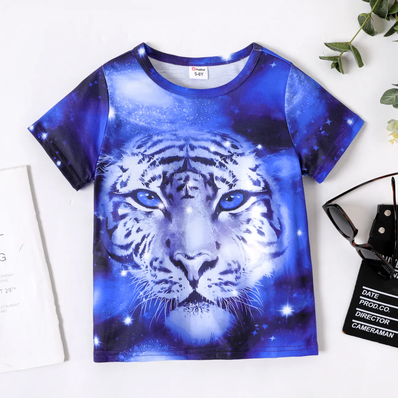Kid Boy Animal Tiger Print Short-sleeve Tee Blue big image 1