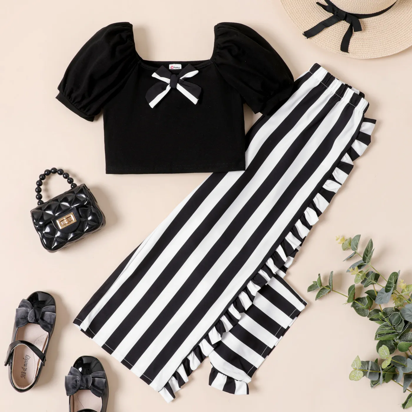 2pcs Kid Girl Bow Tie Decor Square Neck Tee and Stripe Pants Set  BlackandWhite big image 1