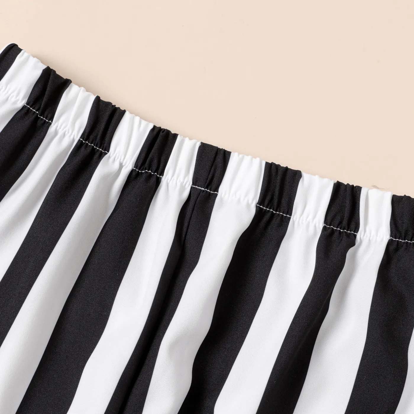 2pcs Kid Girl Bow Tie Decor Square Neck Tee and Stripe Pants Set  BlackandWhite image 2